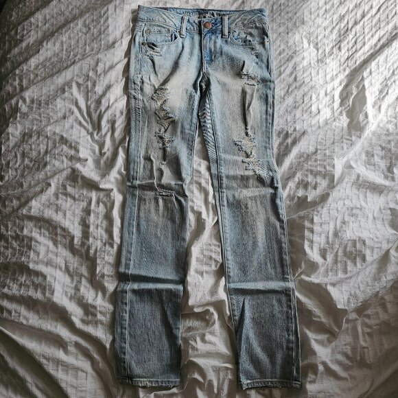 American Eagle Distressed Ripped Skinny Stretch Jeans - 2013 - Light Wash - Sz 0 - Picture 2 of 16